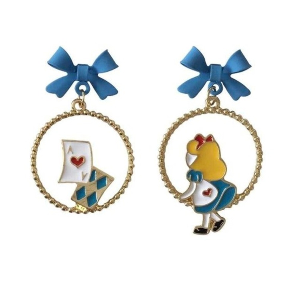 Cute‎ running princess fairy tale bow Alice asymmetric enamel earrings for women